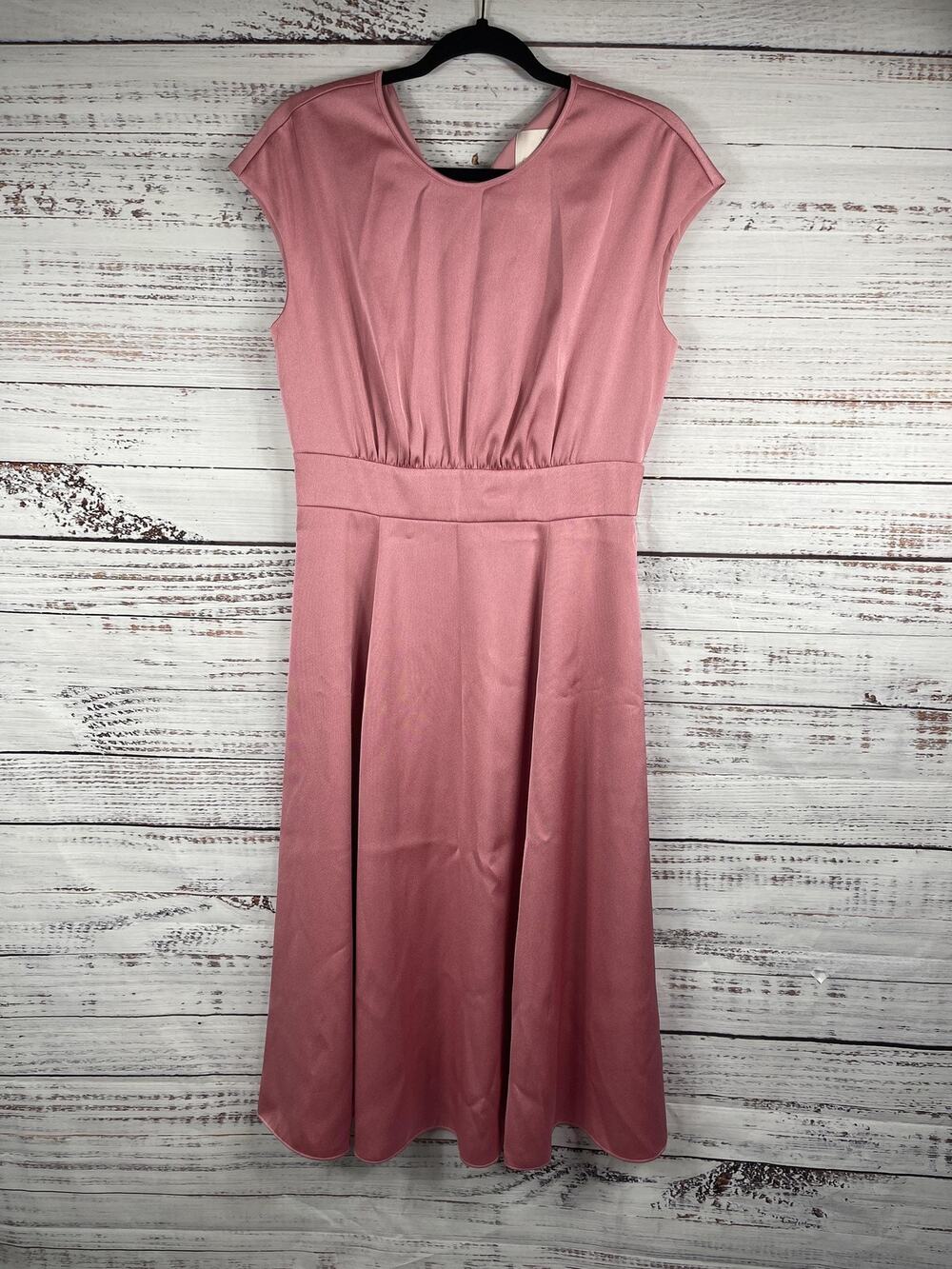 Gal Meets Glam Dress Women's 8 Pink Fit Flare Midi Cap Sleeve Pocket Satin